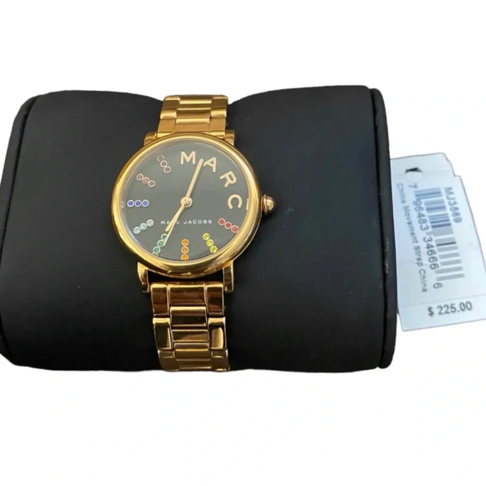Marc by Marc Jacobs Womens Classic Rainbow Crystal Black Dial Gold Tone Watch